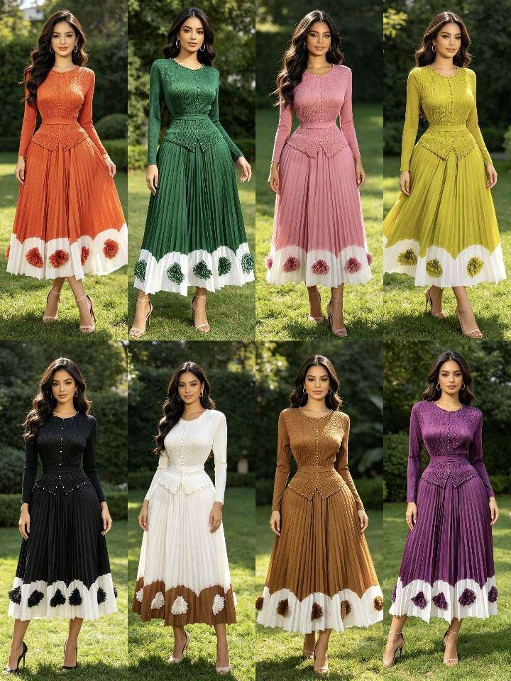 Long Sleeve Peplum Pleated Midi Dress
