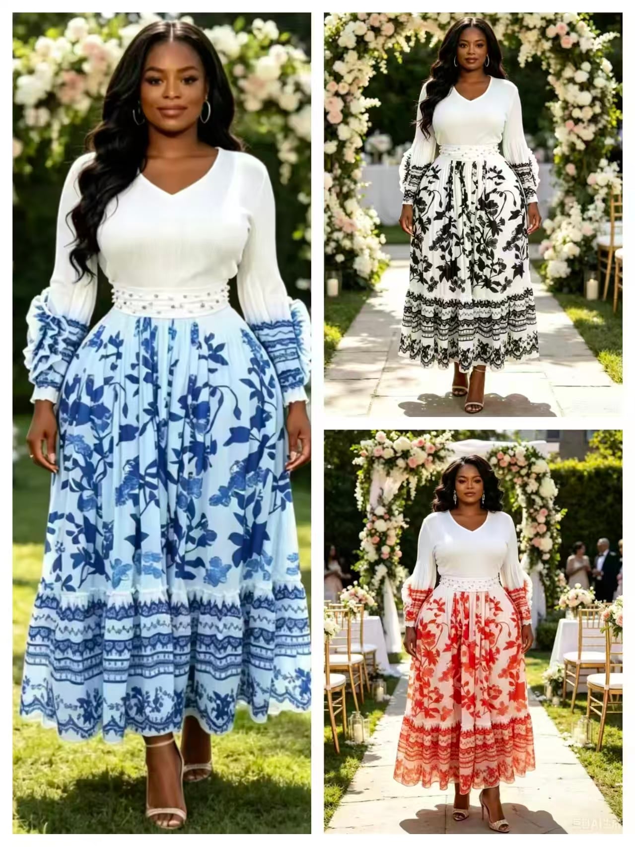 Plus Size Botanical Print Pleated Maxi Dress