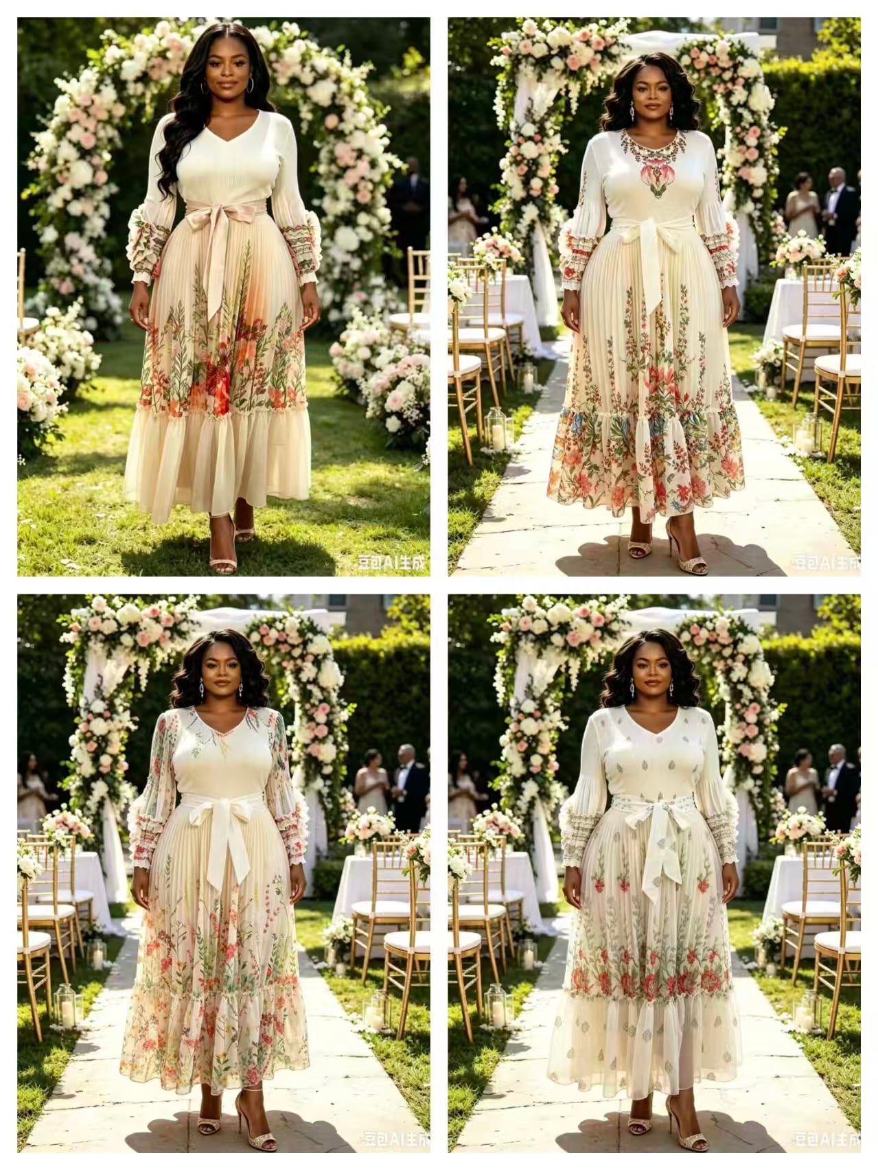 Plus Size V-Neck Floral Print Pleated Maxi Dress