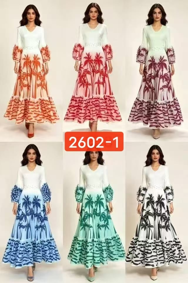 Plus Size Palm Print Bishop Sleeve Maxi Dress