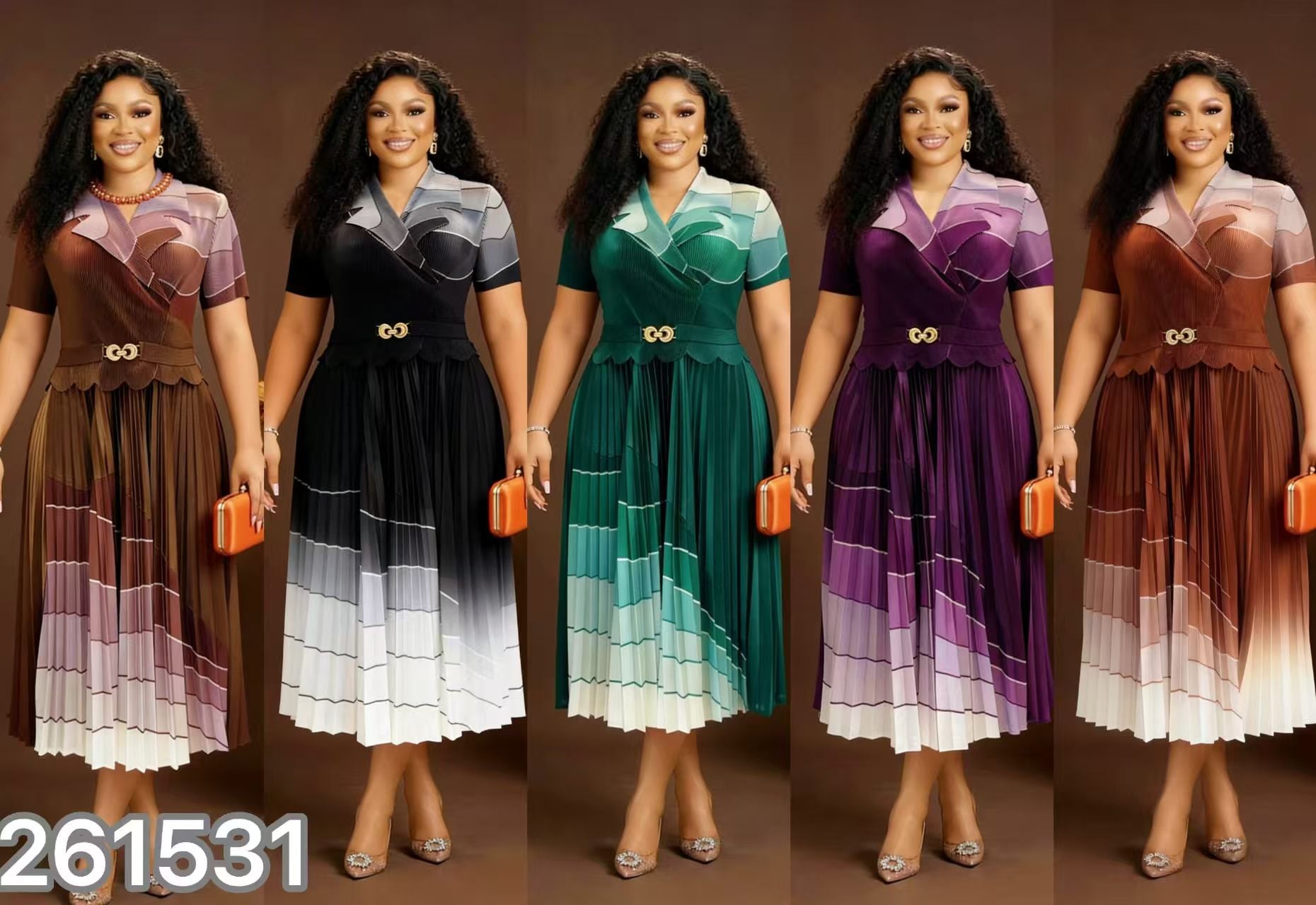Plus Size Contrast Lapel Buckle Colorblock Pleated Midi Dress