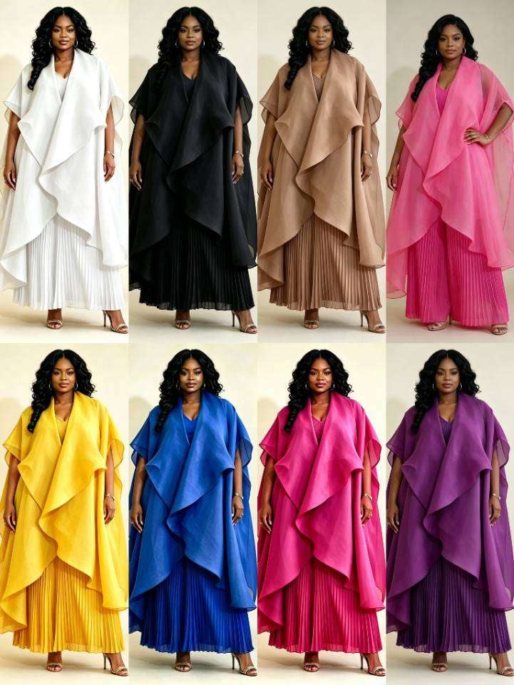 Plus Size Cascading Chiffon Cape Overlay Pleated Maxi Dress