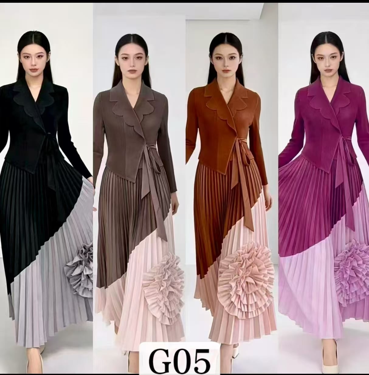 Plus Size Scallop Lapel Diagonal Ruffle Pleated Midi Dress