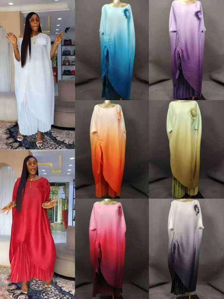 Plus Size Brooch Asymmetric Overlay Pleated Maxi Dress