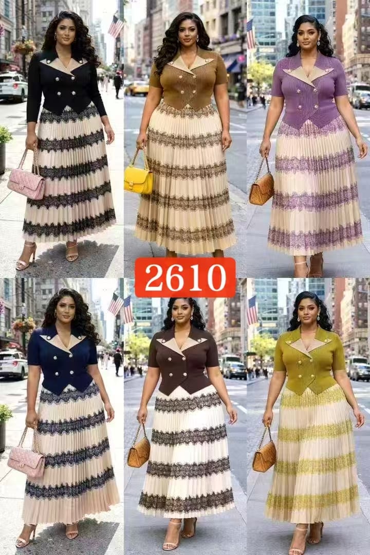Plus Size Contrast Lapel Lace Pleated Maxi Dress