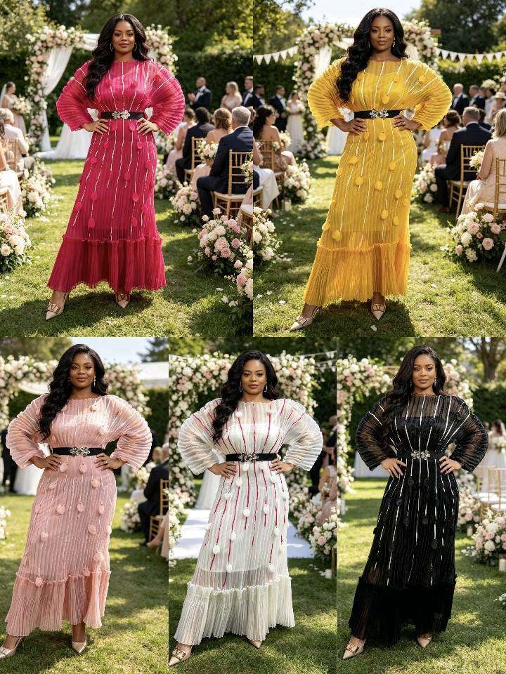 Plus Size Pom-Pom Stripe Pleated Maxi Dress