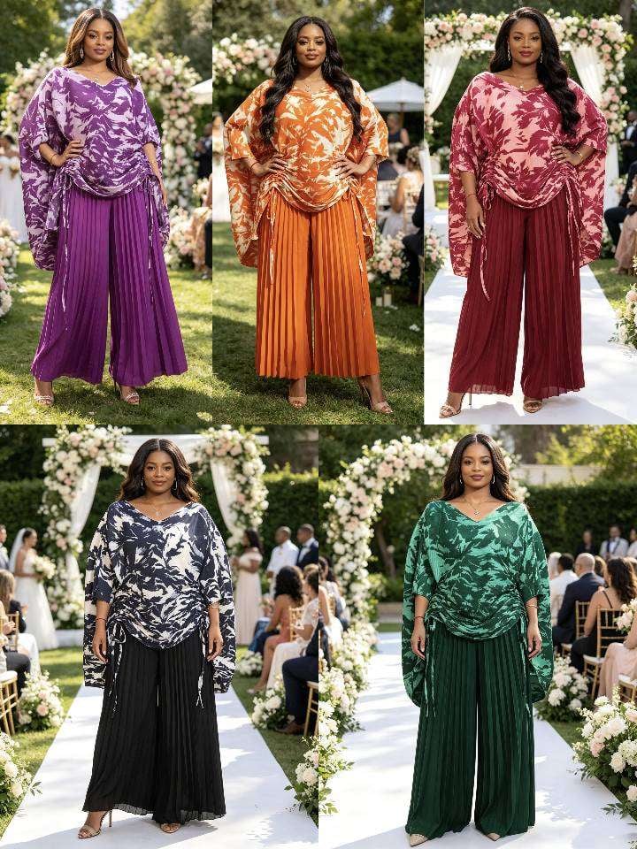 Plus Size Animal Print Drape Pleated Pants Set