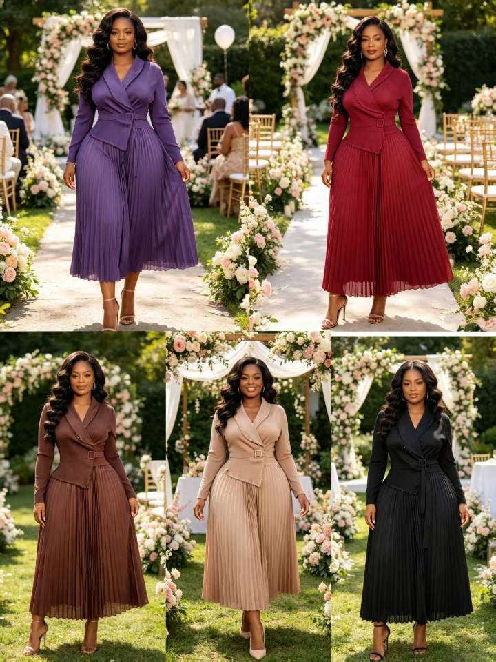 Plus Size Satin Belted Blazer Pleated Midi Dress