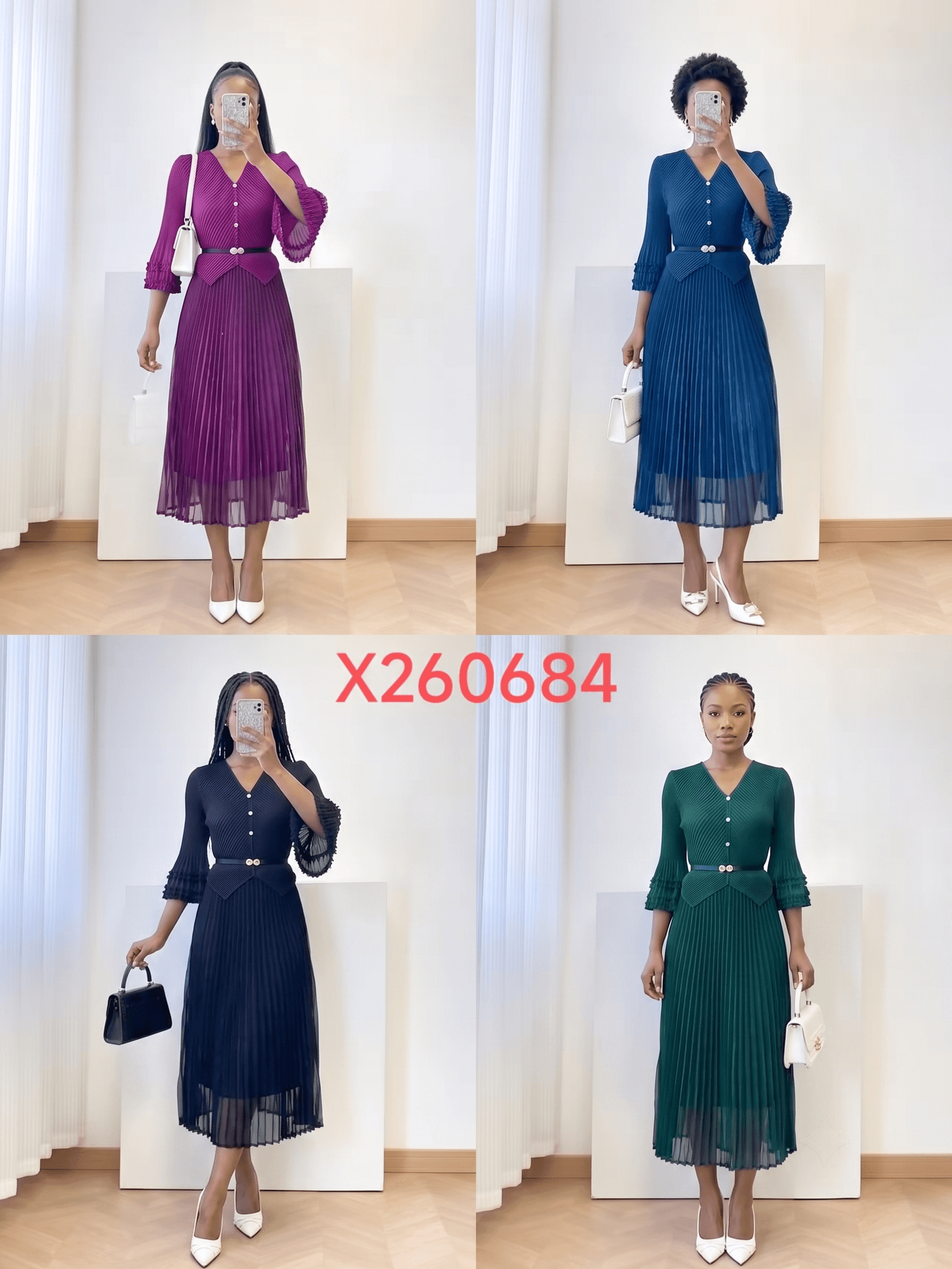 Pleated Long Sleeve Wine Maxi Dress
